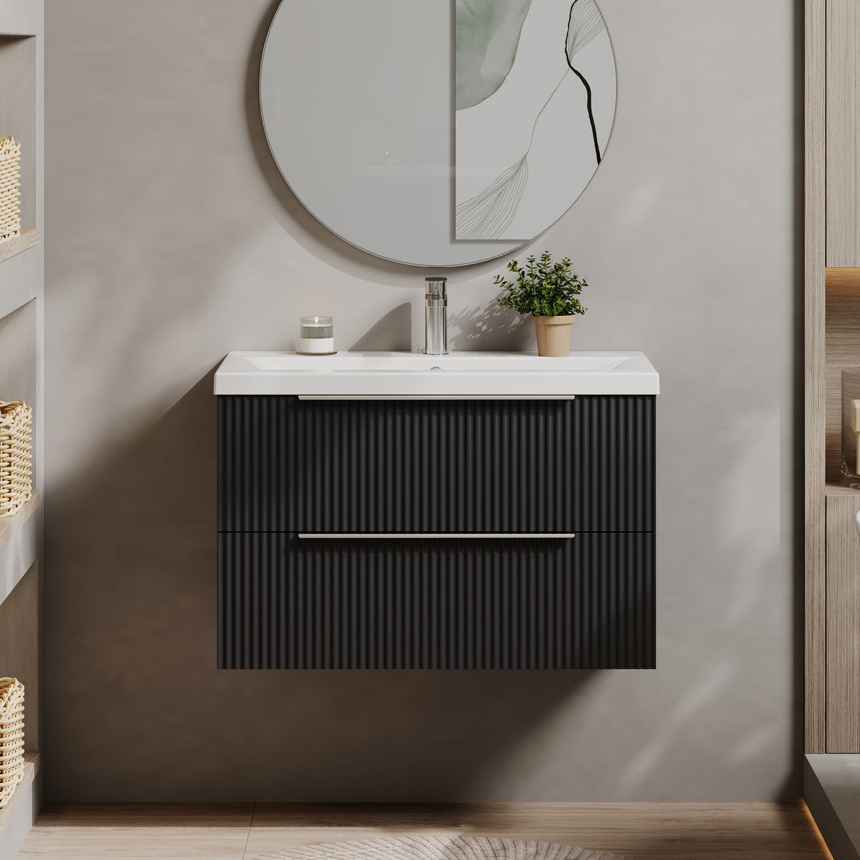 [BFFF1495A] Tixall Fluted Front Wall Hung Vanity Basin Unit 800mm - 2 Drawer - Lifestyle 1