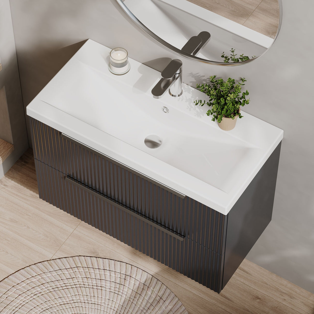 [BFFF1495A] Tixall Fluted Front Wall Hung Vanity Basin Unit 800mm - 2 Drawer - Lifestyle 2