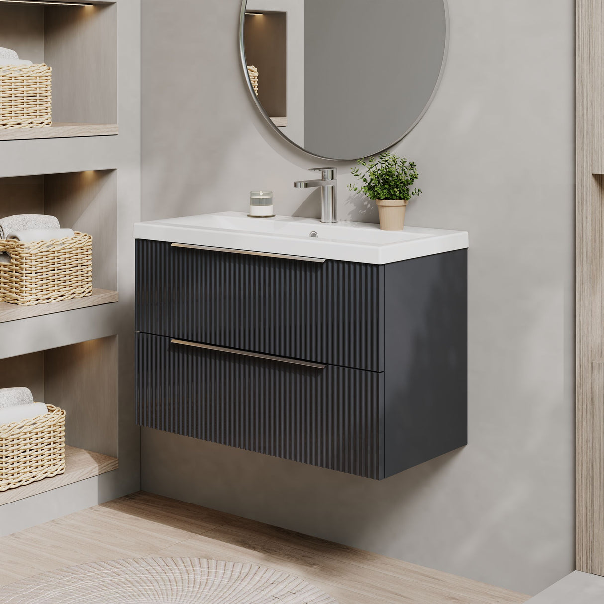 [BFFF1495A] Tixall Fluted Front Wall Hung Vanity Basin Unit 800mm - 2 Drawer - Lifestyle 3