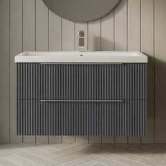 [BFFF1495A] Tixall Fluted Front Wall Hung Vanity Basin Unit with Choice of Size, Colour and Handle Options - Silo