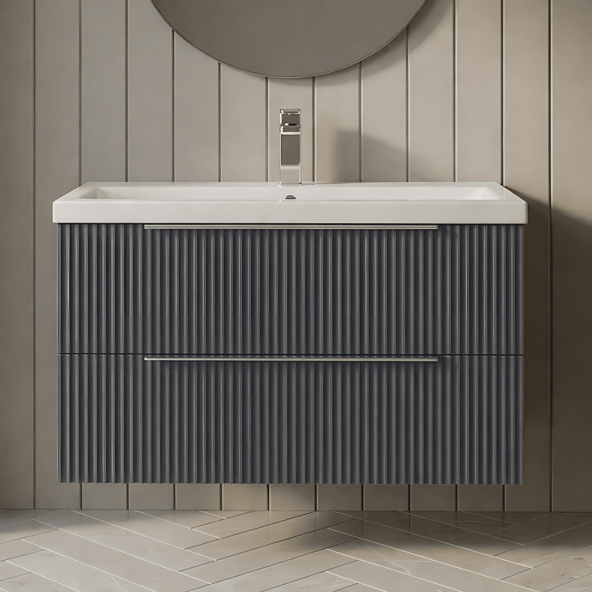 [BFFF1495A] Tixall Fluted Front Wall Hung Vanity Basin Unit with Choice of Size, Colour and Handle Options - Silo