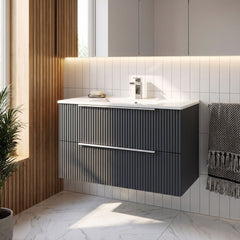 [BFFF1495B] Tixall Fluted 2 Drawer Wall Hung Vanity Unit with Minimalist Basin - Choice of Size and Colour