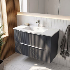 [BFFF1495B] Tixall Fluted 2 Drawer Wall Hung Vanity Unit with Minimalist Basin - Choice of Size and Colour