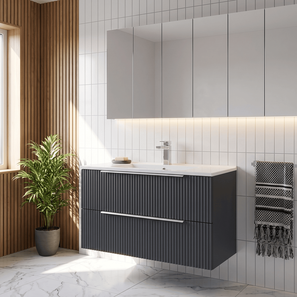 [BFFF1495B] Tixall Fluted 2 Drawer Wall Hung Vanity Unit with Minimalist Basin - Choice of Size and Colour