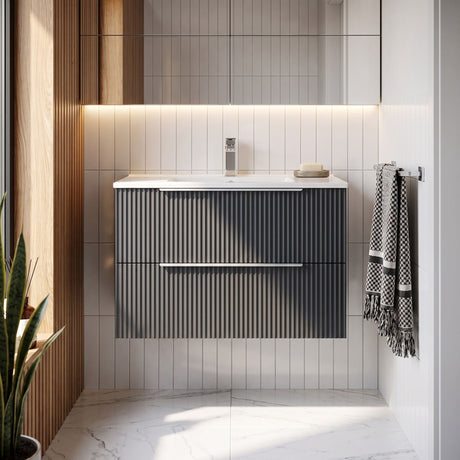 [BFFF1495B] Tixall Fluted 2 Drawer Wall Hung Vanity Unit with Minimalist Basin - Choice of Size and Colour - Silo