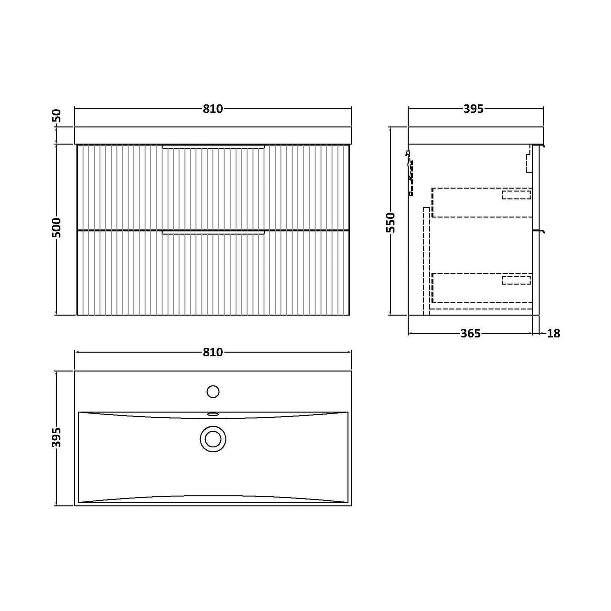 [BFFF1495D] Tixall Fluted 2 Drawer Wall Hung Vanity Unit with Thin Edge Basin - Choice of Size and Colour - Technical Drawing