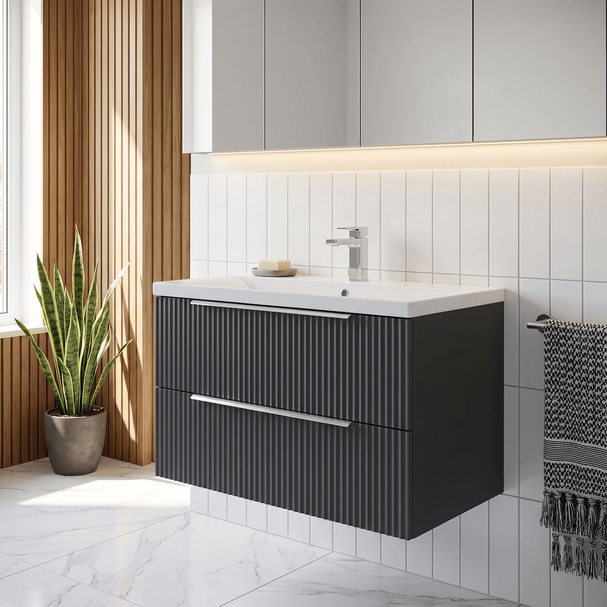 [BFFF1495D] Tixall Fluted 2 Drawer Wall Hung Vanity Unit with Thin Edge Basin - Choice of Size and Colour
