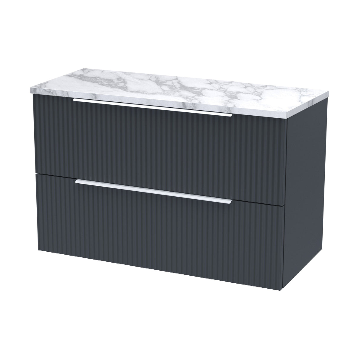 [BFFF1495LCM] Tixall Fluted 2 Drawer Wall Hung Vanity Unit with Carrera Marble Laminate Worktop - Choice of Size and Colour - Cutout