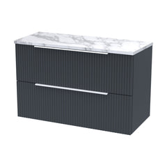 [BFFF1495LCM] Tixall Fluted 2 Drawer Wall Hung Vanity Unit with Carrera Marble Laminate Worktop - Choice of Size and Colour - Cutout