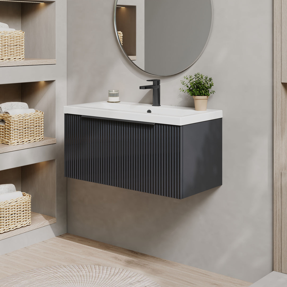 [BFFF1496AH226] Tixall Fluted Front Wall Hung Vanity Basin Unit 800mm - 1 Drawer - Lifestyle 3