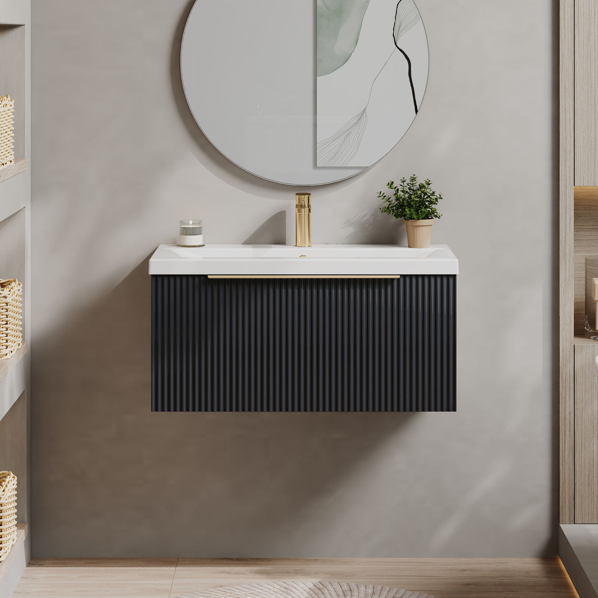 [BFFF1496AH326] Tixall Fluted Front Wall Hung Vanity Basin Unit 800mm - 1 Drawer - Lifestyle 1
