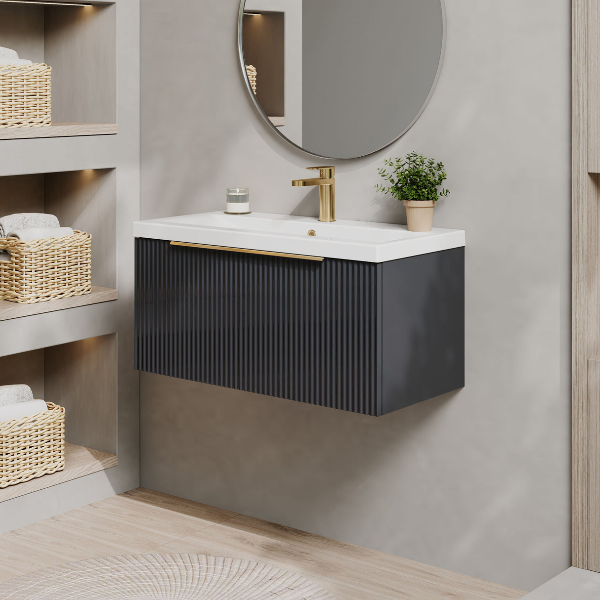 [BFFF1496AH326] Tixall Fluted Front Wall Hung Vanity Basin Unit 800mm - 1 Drawer - Lifestyle 3