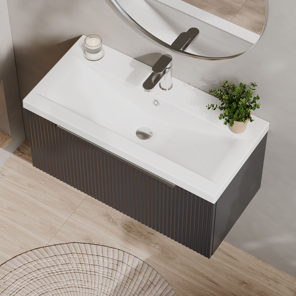 [BFFF1496A] Tixall Fluted Front Wall Hung Vanity Basin Unit 800mm - 1 Drawer - Lifestyle 2