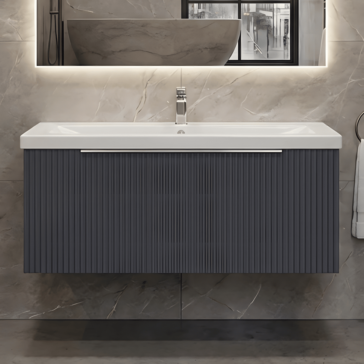 [BFFF1496A] Tixall Fluted Front Wall Hung Vanity Basin Unit with Choice of Size, Colour and Handle Options - Silo