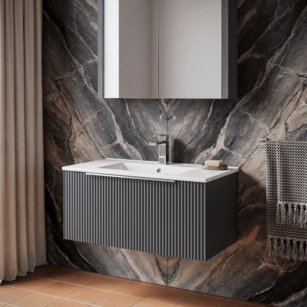 [BFFF1496B] Tixall 1 Drawer Wall Hung Vanity Basin Unit with 1 Tap Hole Minimalist Ceramic Basin, Choice of Size and Colour