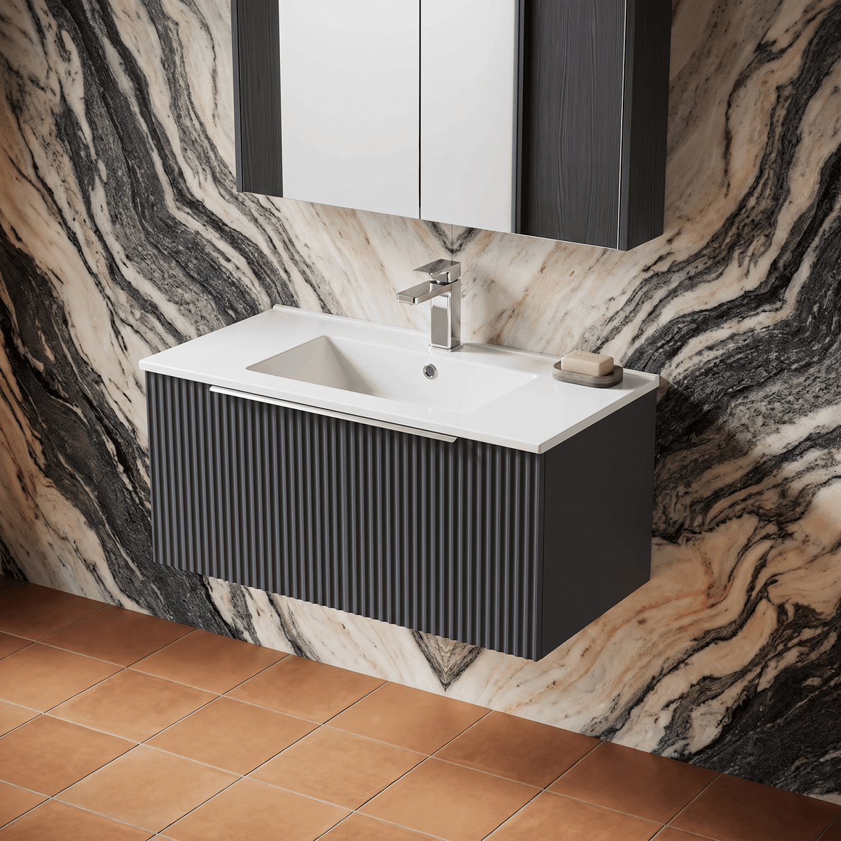 [BFFF1496B] Tixall 1 Drawer Wall Hung Vanity Basin Unit with 1 Tap Hole Minimalist Ceramic Basin, Choice of Size and Colour