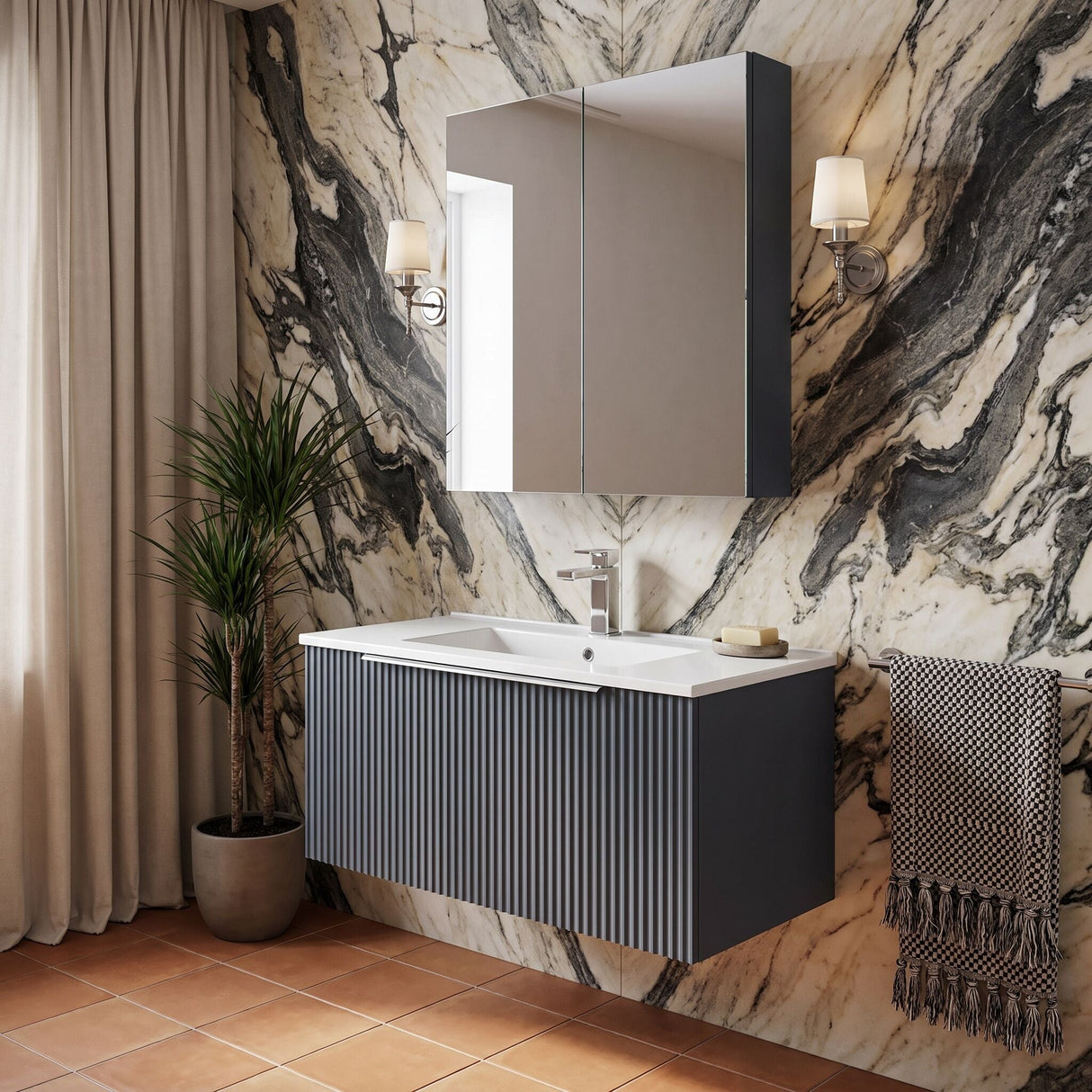 [BFFF1496B] Tixall 1 Drawer Wall Hung Vanity Basin Unit with 1 Tap Hole Minimalist Ceramic Basin, Choice of Size and Colour