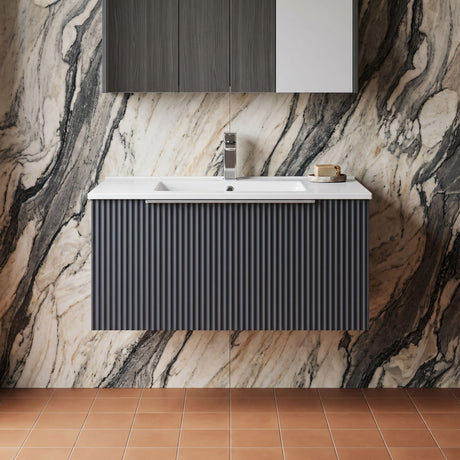 [BFFF1496B] Tixall 1 Drawer Wall Hung Vanity Basin Unit with 1 Tap Hole Minimalist Ceramic Basin, Choice of Size and Colour - Silo
