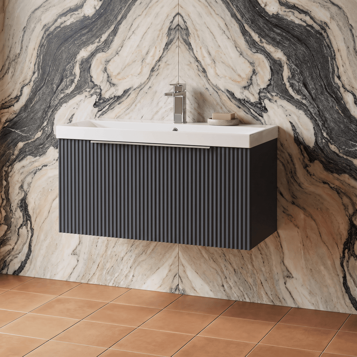 [BFFF1496D] Tixall 1 Drawer Wall Hung Vanity Basin Unit with 1 Tap Hole Thin-Edge Ceramic Basin, Choice of Size and Colour
