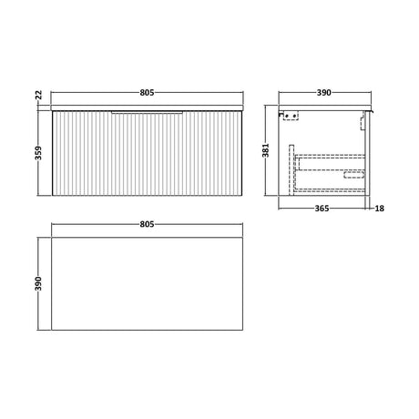 [BFFF1496LCM] Tixall Fluted 1 Drawer Wall Hung Vanity Unit with Laminate Worktop, Dark Grey, 800mm - Technical Drawing