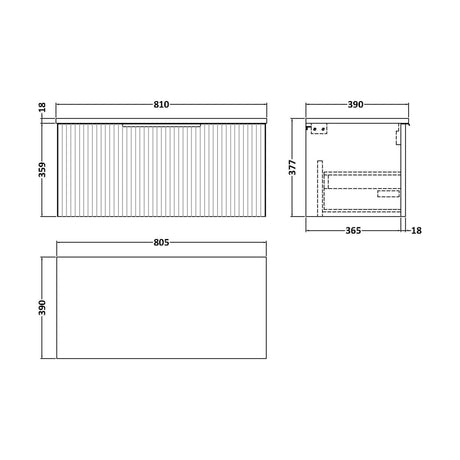 [BFFF1496W] Tixall Fluted 1 Drawer Wall Hung Vanity Unit with Worktop, Dark Grey, 800mm - Technical Drawing