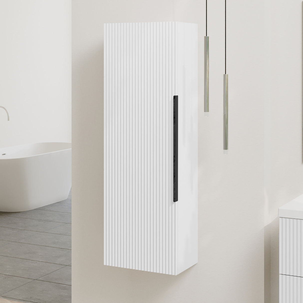 [BFFF162H225] Tixall Fluted Wall Hung Tall Bathroom Storage Unit, 400mm, Multiple Colours and Handle Options - Lifestyle 3