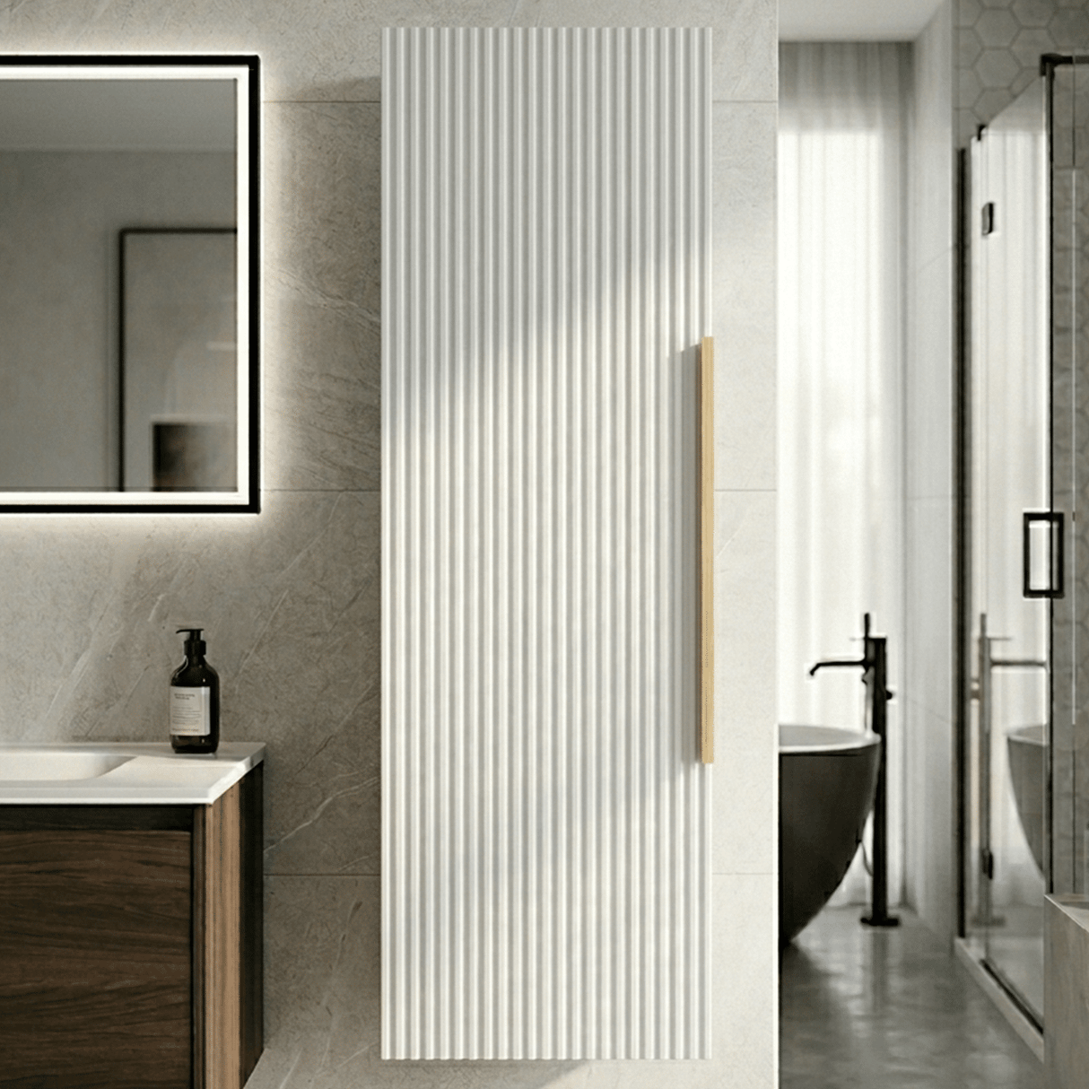 [BFFF162H325] Tixall Fluted Wall Hung Tall Bathroom Storage Unit, 400mm, Multiple Colours and Handle Options - Silo