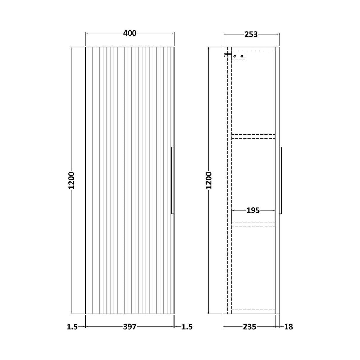 [BFFF162] Tixall Fluted Wall Hung Tall Bathroom Storage Unit, 400mm, Multiple Colours and Handle Options - Technical Drawing
