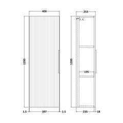 [BFFF162] Tixall Fluted Wall Hung Tall Bathroom Storage Unit, 400mm, Multiple Colours and Handle Options - Technical Drawing