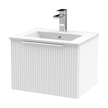 [BFFF191B] Tixall Fluted 1 Drawer Wall Hung Vanity Unit with Minimalist Basin, Satin White, 500mm - Cutout