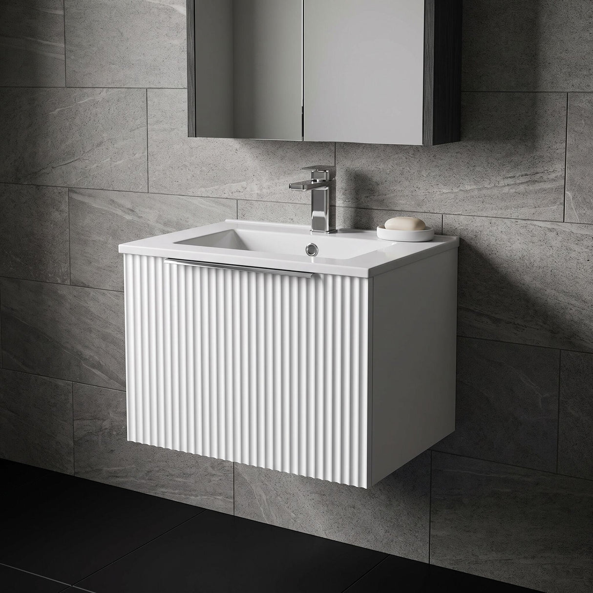 [BFFF191B] Tixall 1 Drawer Wall Hung Vanity Basin Unit with 1 Tap Hole Minimalist Ceramic Basin, Choice of Size and Colour