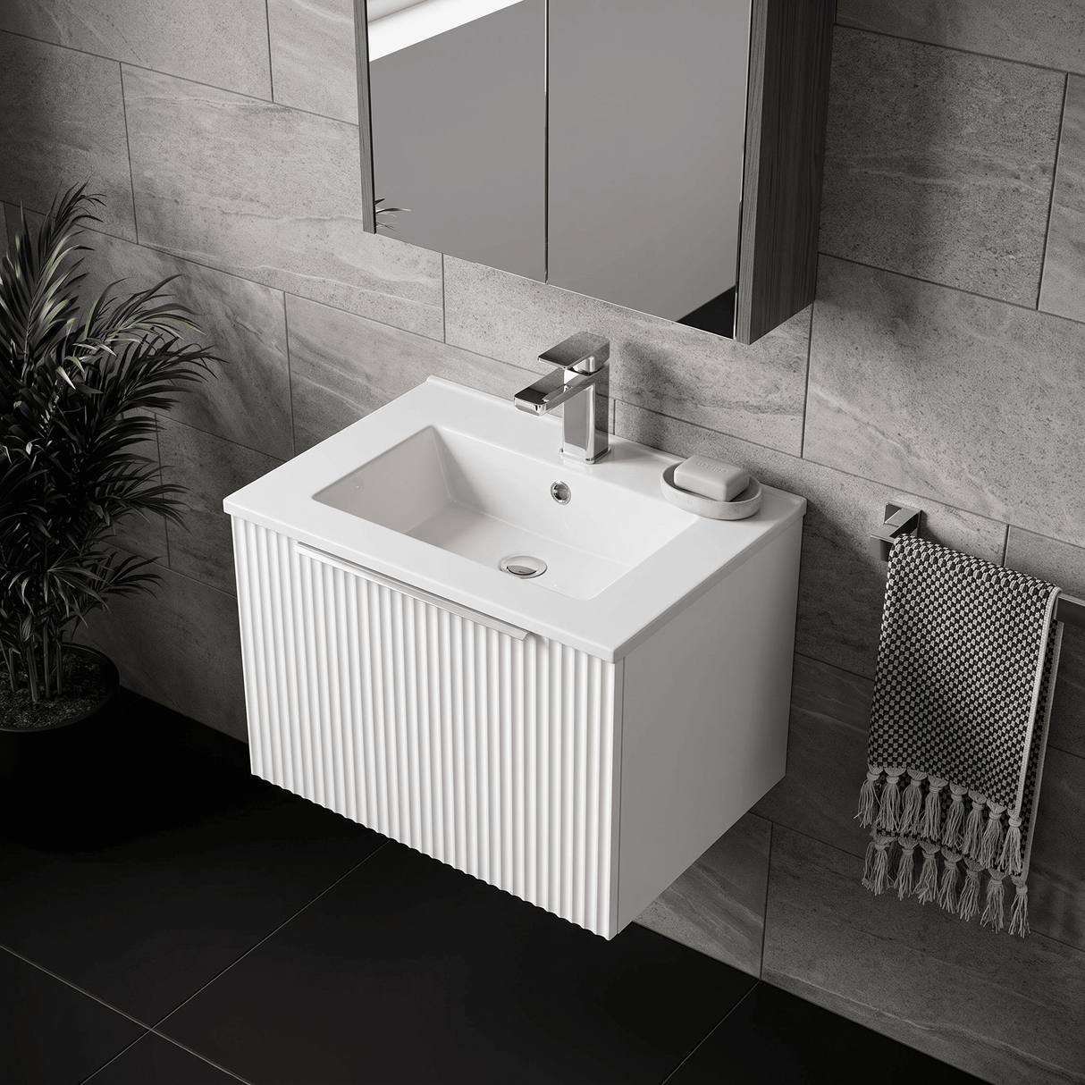 [BFFF191B] Tixall 1 Drawer Wall Hung Vanity Basin Unit with 1 Tap Hole Minimalist Ceramic Basin, Choice of Size and Colour