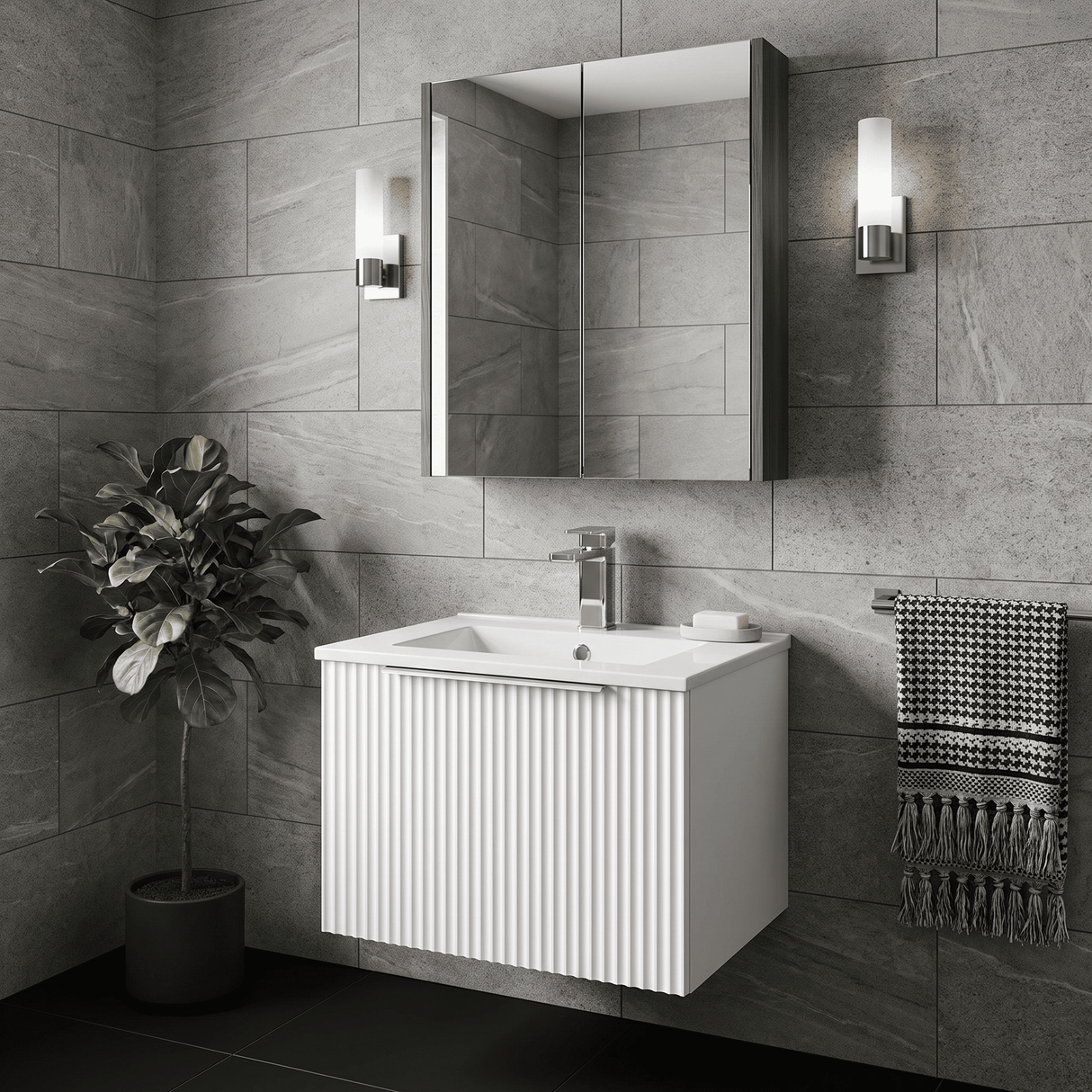 [BFFF191B] Tixall 1 Drawer Wall Hung Vanity Basin Unit with 1 Tap Hole Minimalist Ceramic Basin, Choice of Size and Colour