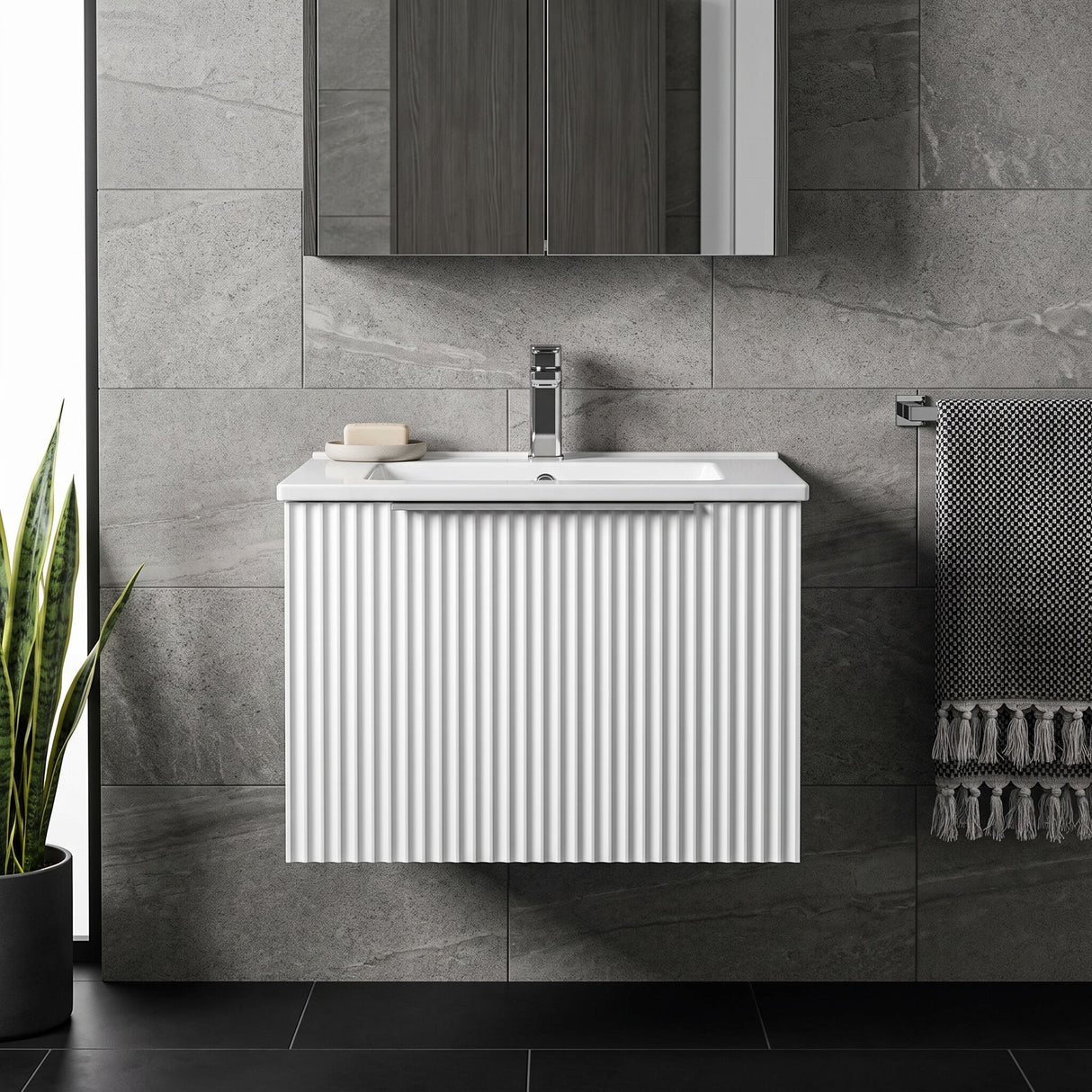 [BFFF191B] Tixall 1 Drawer Wall Hung Vanity Basin Unit with 1 Tap Hole Minimalist Ceramic Basin, Choice of Size and Colour - Silo