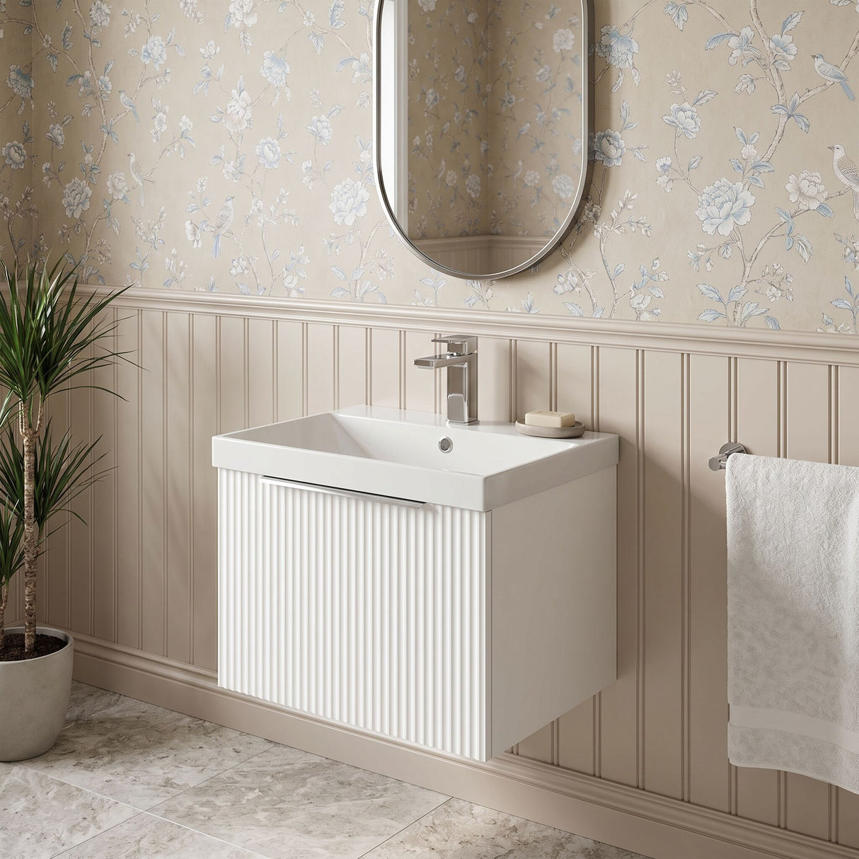 [BFFF191D] Tixall 1 Drawer Wall Hung Vanity Basin Unit with 1 Tap Hole Thin-Edge Ceramic Basin, Choice of Size and Colour