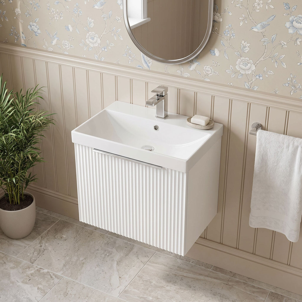 [BFFF191D] Tixall 1 Drawer Wall Hung Vanity Basin Unit with 1 Tap Hole Thin-Edge Ceramic Basin, Choice of Size and Colour