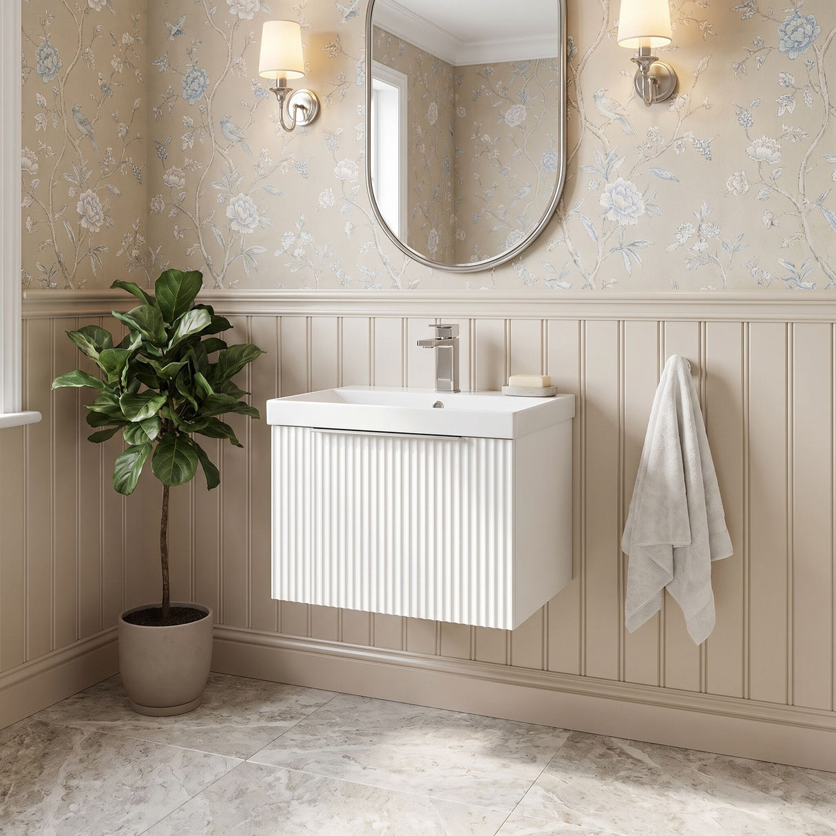 [BFFF191D] Tixall 1 Drawer Wall Hung Vanity Basin Unit with 1 Tap Hole Thin-Edge Ceramic Basin, Choice of Size and Colour