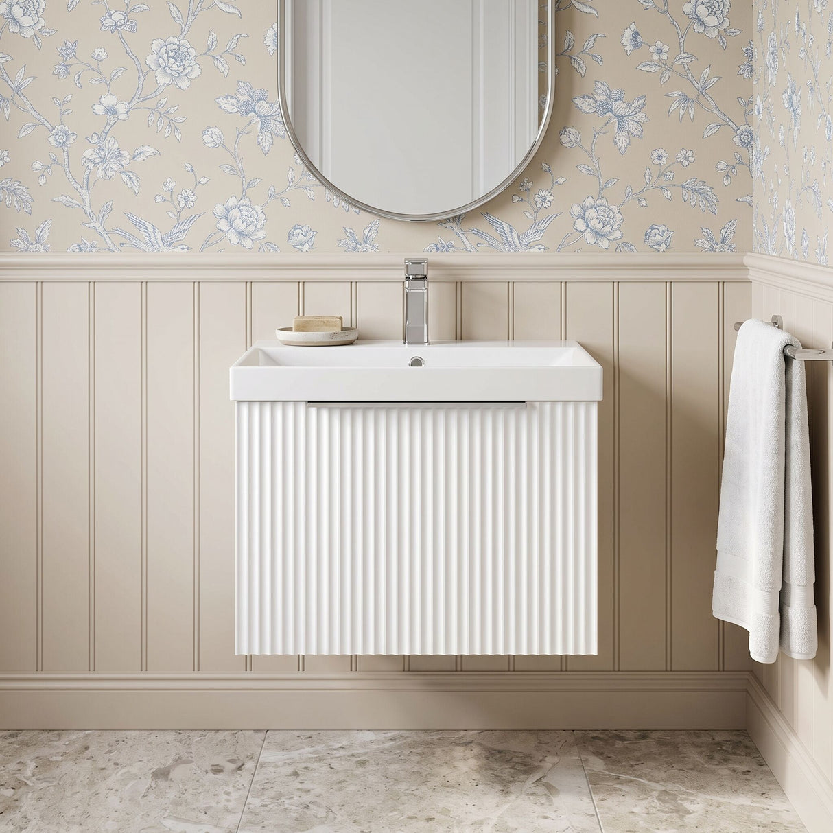 [BFFF191D] Tixall 1 Drawer Wall Hung Vanity Basin Unit with 1 Tap Hole Thin-Edge Ceramic Basin, Choice of Size and Colour - Silo