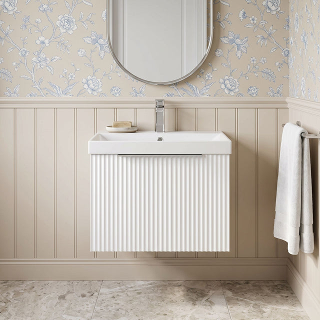 [BFFF191D] Tixall 1 Drawer Wall Hung Vanity Basin Unit with 1 Tap Hole Thin-Edge Ceramic Basin, Choice of Size and Colour - Silo
