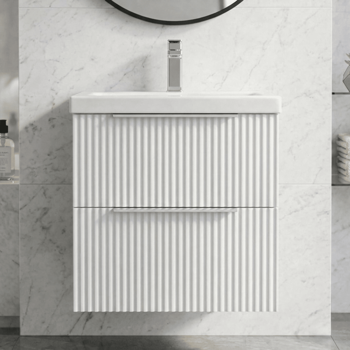 [BFFF192A] Tixall Fluted Front Wall Hung Vanity Basin Unit with Choice of Size, Colour and Handle Options - Silo