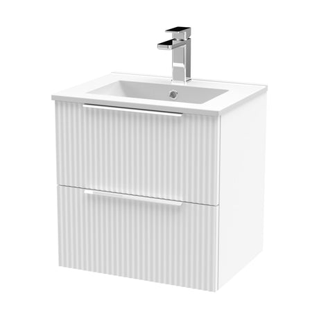 [BFFF192B] Tixall Fluted 2 Drawer Wall Hung Vanity Unit with Minimalist Basin, Satin White, 500mm - Cutout