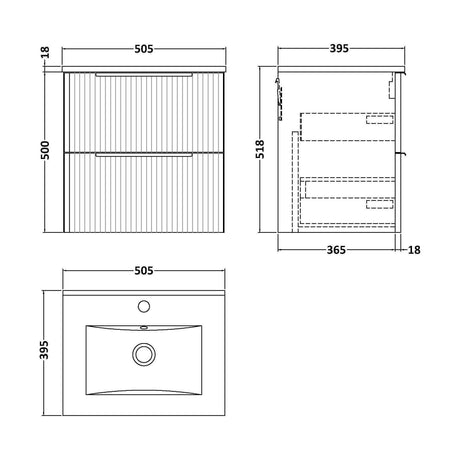 [BFFF192B] Tixall Fluted 2 Drawer Wall Hung Vanity Unit with Minimalist Basin, Satin White, 500mm - Technical Drawing