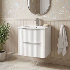 [BFFF192B] Tixall Fluted 2 Drawer Wall Hung Vanity Unit with Minimalist Basin - Choice of Size and Colour