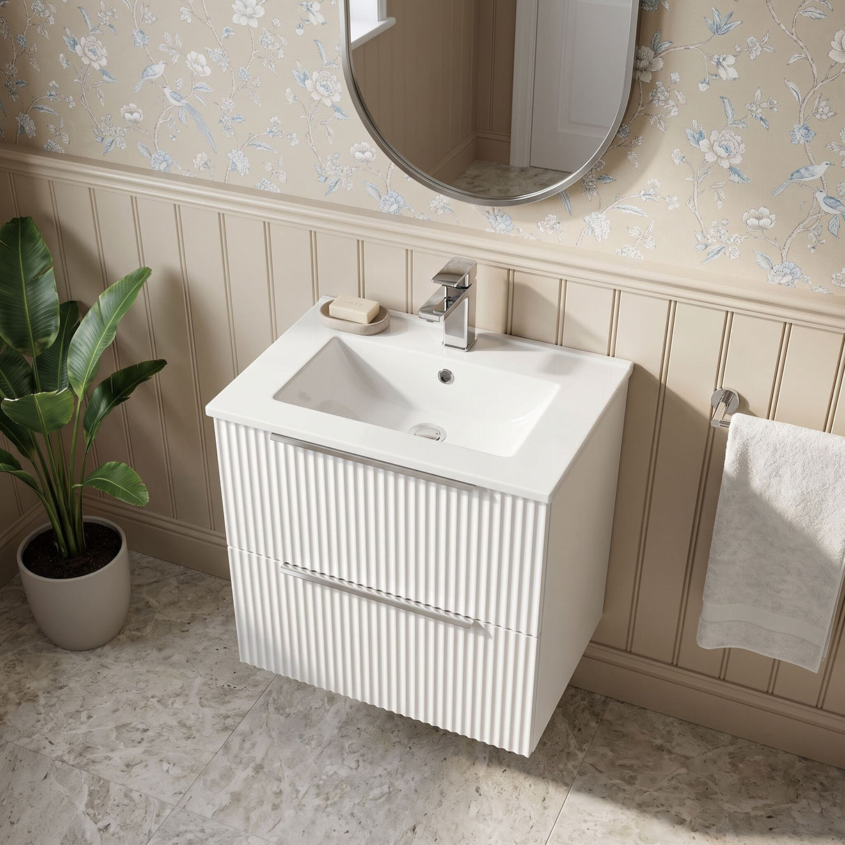 [BFFF192B] Tixall Fluted 2 Drawer Wall Hung Vanity Unit with Minimalist Basin - Choice of Size and Colour