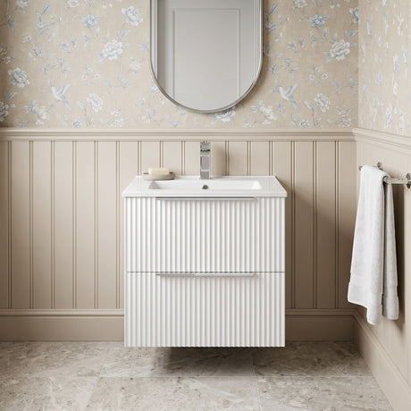 [BFFF192B] Tixall Fluted 2 Drawer Wall Hung Vanity Unit with Minimalist Basin - Choice of Size and Colour - Silo