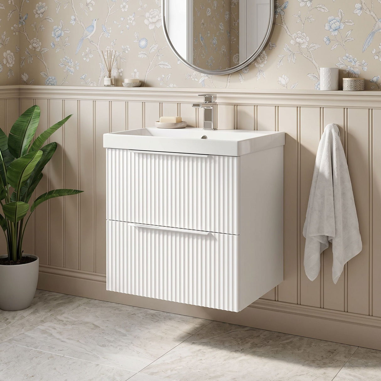 [BFFF192D] Tixall Fluted 2 Drawer Wall Hung Vanity Unit with Thin Edge Basin - Choice of Size and Colour