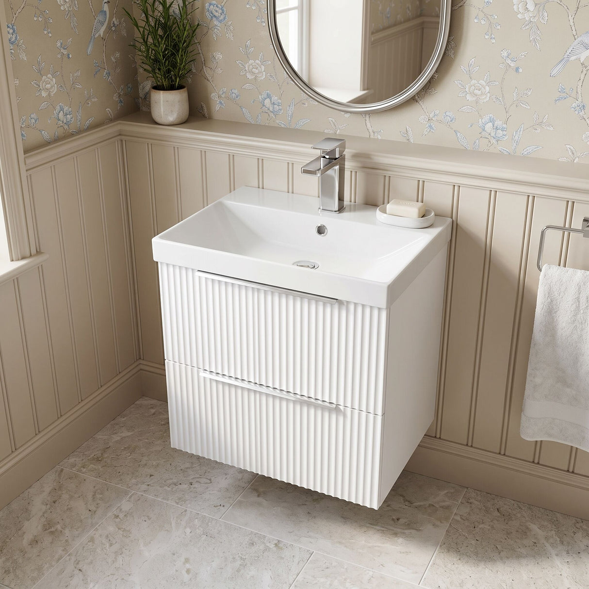 [BFFF192D] Tixall Fluted 2 Drawer Wall Hung Vanity Unit with Thin Edge Basin - Choice of Size and Colour