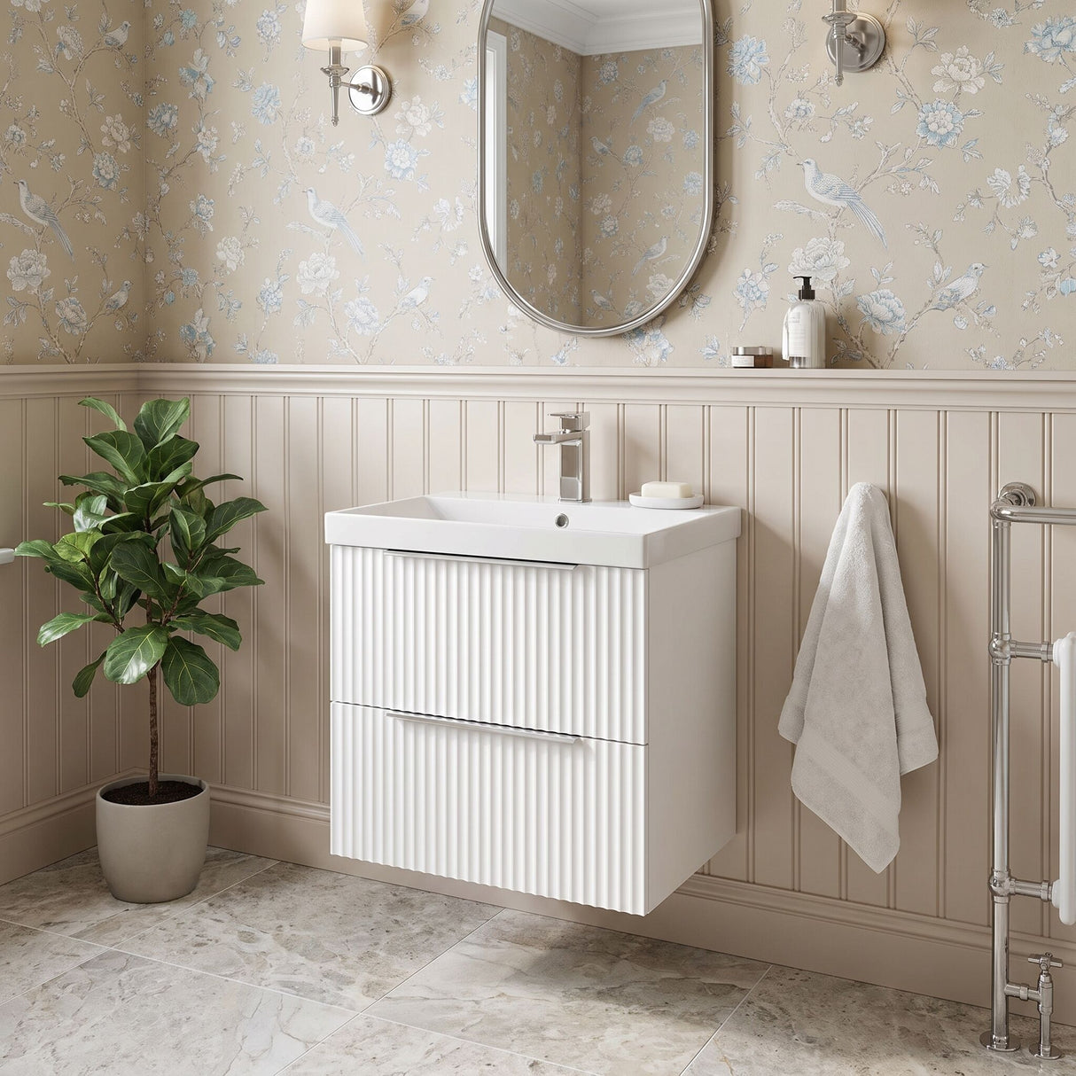 [BFFF192D] Tixall Fluted 2 Drawer Wall Hung Vanity Unit with Thin Edge Basin - Choice of Size and Colour