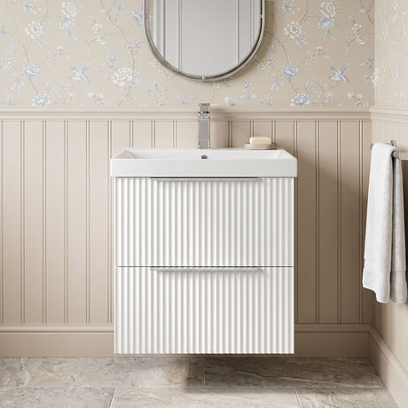 [BFFF192D] Tixall Fluted 2 Drawer Wall Hung Vanity Unit with Thin Edge Basin - Choice of Size and Colour - Silo