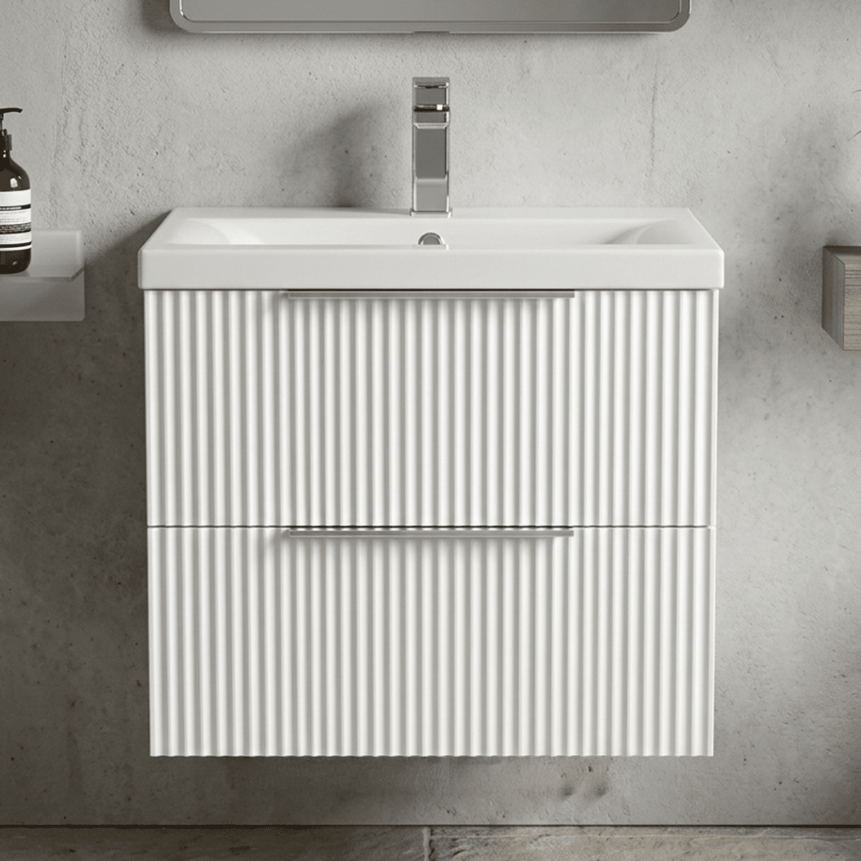 [BFFF193A] Tixall Fluted Front Wall Hung Vanity Basin Unit with Choice of Size, Colour and Handle Options - Silo
